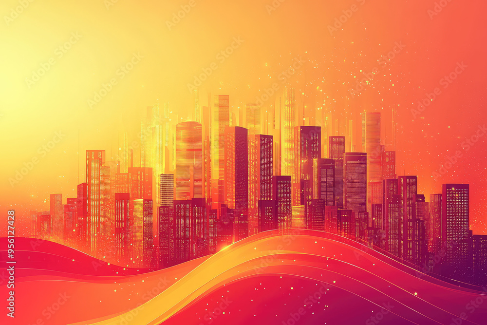 A Vibrant Cityscape Bathed in Sunset Hues, with Smooth Lines and a Gradient Background A Vibrant Cityscape Bathed in Sunset Hues, with Smooth Lines and a Gradient Background