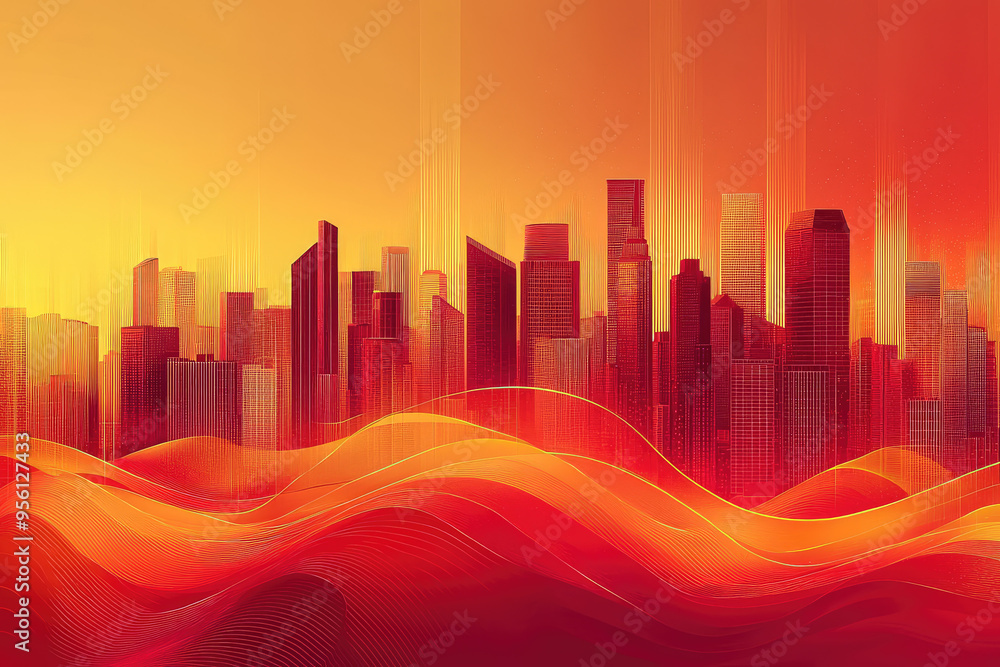A City Skyline Emerges from Abstract Waves of Red and Gold A City Skyline Emerges from Abstract Waves of Red and Gold
