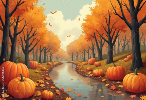 Autumnal Forest Path with Pumpkins and River