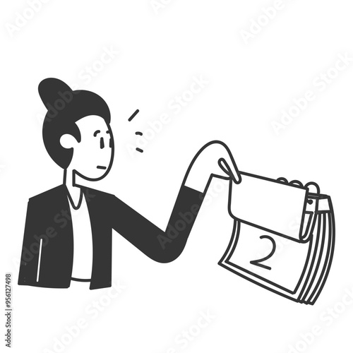 business woman checking calendar in doodle hand drawn style