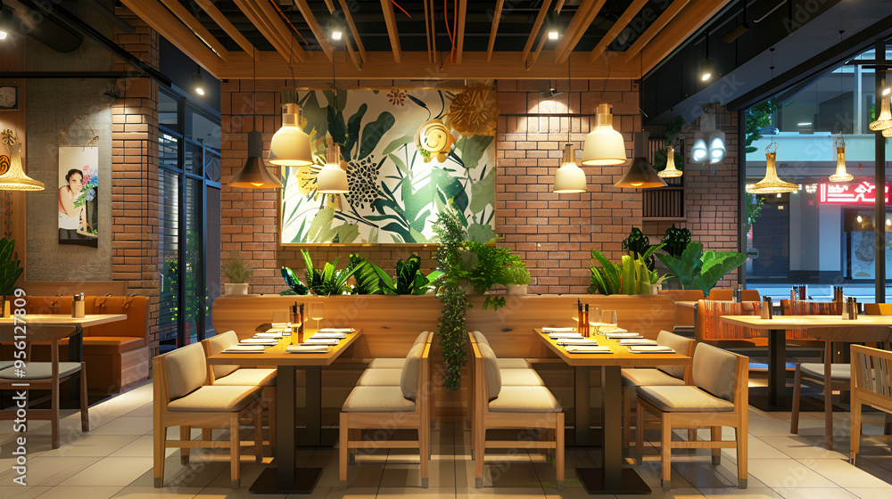 Fototapeta premium A modern stylish and modern restaurant interior design featuring warm lighting, sleek wooden furniture, and a mix of cozy booths and open seating areas. The space should include contemporary decor. 