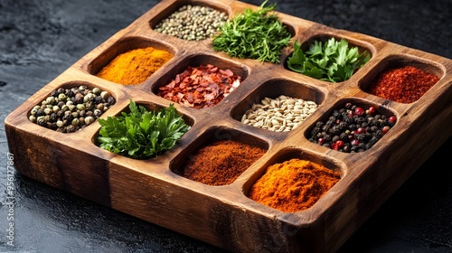 Fototapeta Naklejka Na Ścianę i Meble -  Vibrant Collection of South African Spices in Wooden Dishes