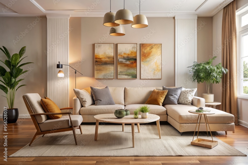 Obraz premium Beige furniture in the cozy living room pairs perfectly with abstract artwork, inspiring a soothing and modern decor