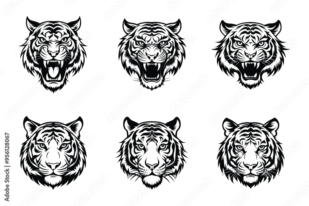 Fototapeta premium Tiger Tattoo Silhouette Bundle in Vector Style