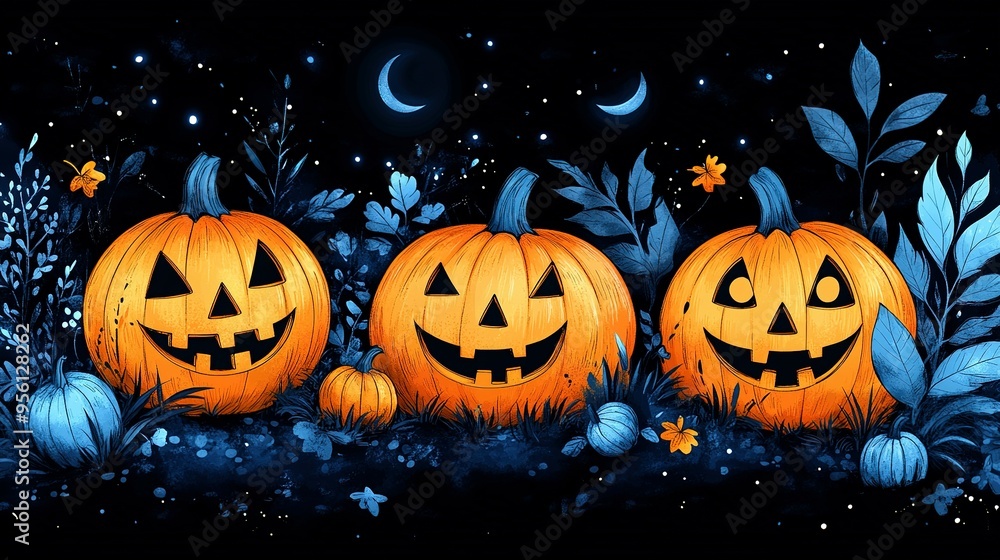 Three Jack-o'-Lanterns Smiling in the Moonlight Three Jack-o'-Lanterns Smiling in the Moonlight