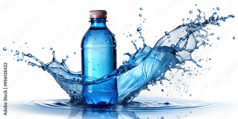 Blue liquid flows freely from a clear plastic bottle, releasing a cascading spray that showcases individual drops Blue liquid flows freely from a clear plastic bottle, releasing a cascading spray that showcases individual drops