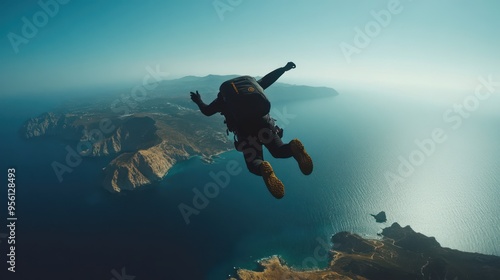 Sky diving over sea and mountain background