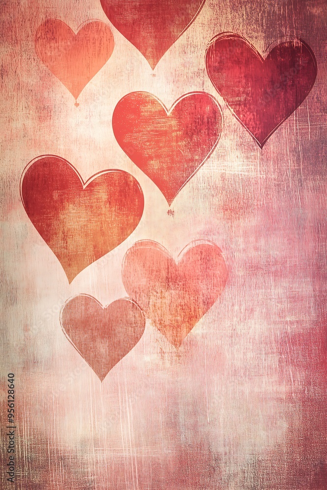 Rustic Heart Mosaic on Warm Gradient Background, Painted Heart Shapes in Shades of Red and Pink Rustic Heart Mosaic on Warm Gradient Background, Painted Heart Shapes in Shades of Red and Pink