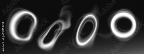 Smoke cloud ring on dark transparent background. Realistic 3d vector illustration set of vapor steam circle. Abstract hookah vape fog circular shapes. Round cigarette puff mist smog twirl effect.