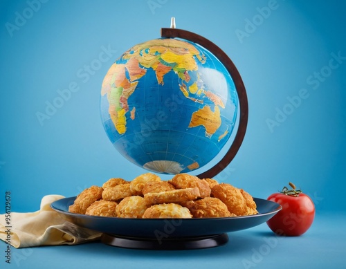 Global food concept on blue background. World food day. Food plate on globe stand on blue background. manipulation creative concept. Ai generated images photo