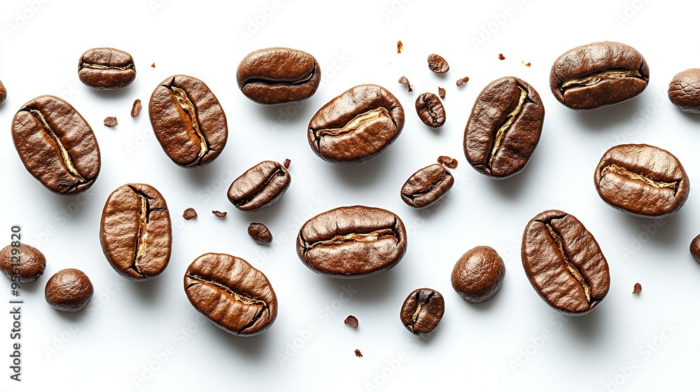Close-up of Scattered Roasted Coffee Beans on White Background Close-up of Scattered Roasted Coffee Beans on White Background