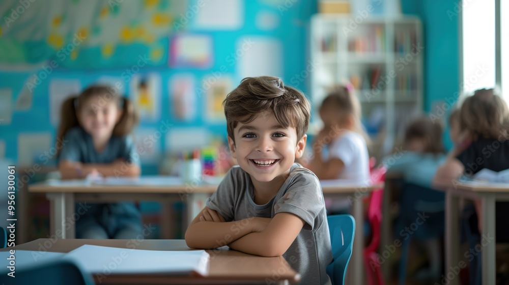 cute schoolboy sitting at the desk, smiling, looking at the camera during the lesson cute schoolboy sitting at the desk, smiling, looking at the camera during the lesson