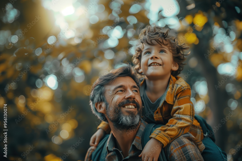 Obraz premium Portrait of happy father giving son piggyback ride on his shoulders and looking up. Cute boy with dad playing outdoor