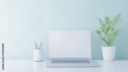 A minimalist workspace featuring a laptop a cup of pencils and a potted plant against a soft blue background