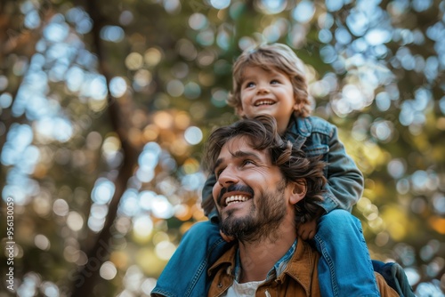 Portrait of happy father giving son piggyback ride on his shoulders and looking up. Cute boy with dad playing outdoor photo