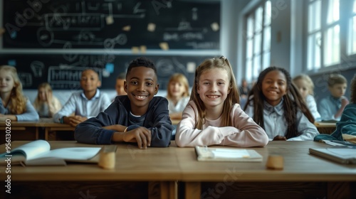 the group schoolboy and schoolgirl sitting at the desk, smiling, looking at the camera during the lesson