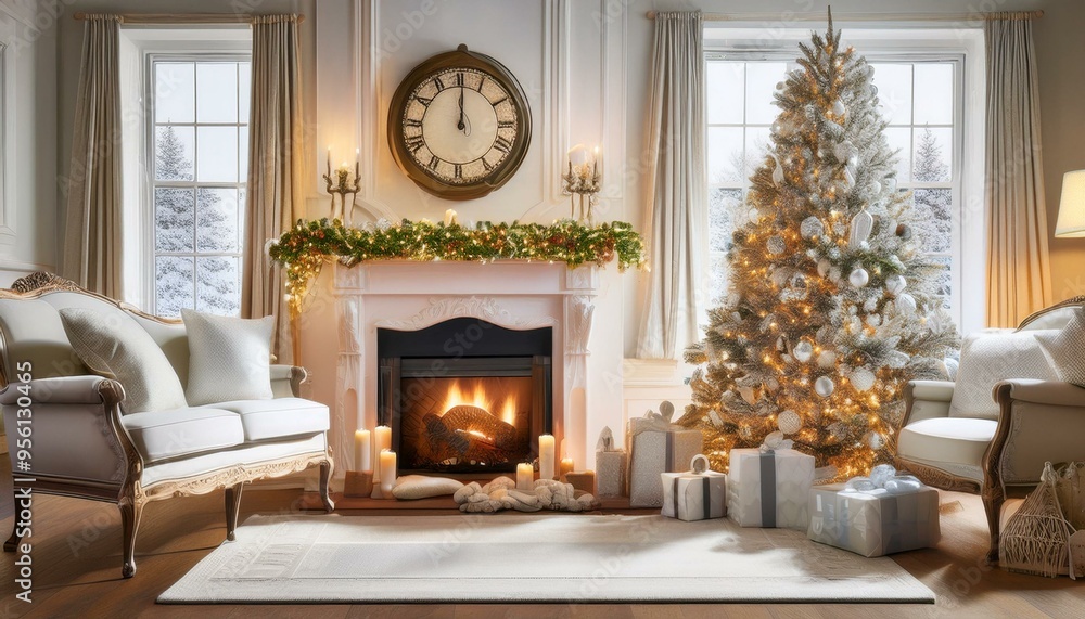 Naklejka premium Retro Christmas Eve by the Fireplace A nostalgic family scene gathered around a crackling fireplace on Christmas Eve. The room is adorned with vintage stockings, a classic mantelpiece clock, and a Chr