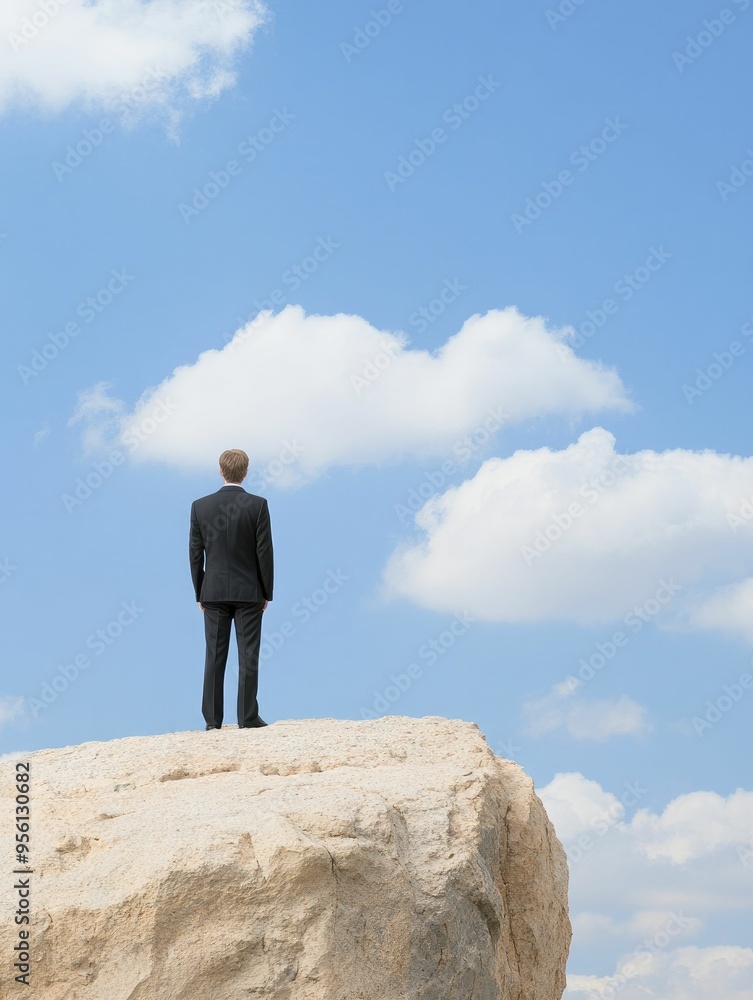 A solitary man in a suit stands on a rocky cliff gazing at the expansive cloud filled sky A solitary man in a suit stands on a rocky cliff gazing at the expansive cloud filled sky