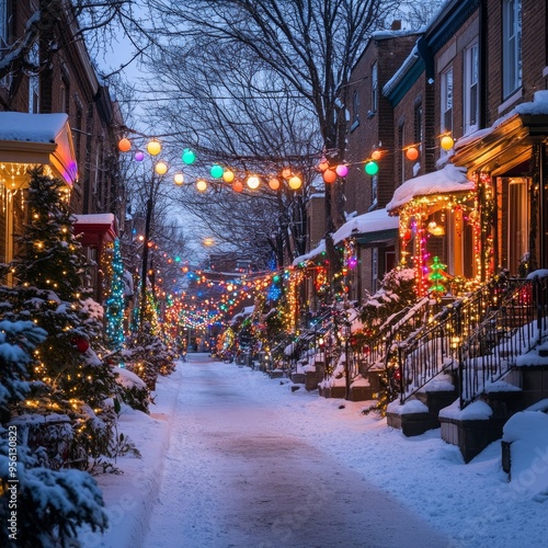 A charming snow-covered street lit with Christmas lights in the evening.