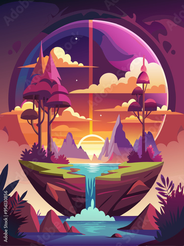 Circular Landscape with Waterfall, Sunset, and Trees