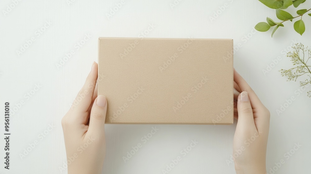 Hands gently holding a plain rectangular box against a light background with green leaves to the side Hands gently holding a plain rectangular box against a light background with green leaves to the side