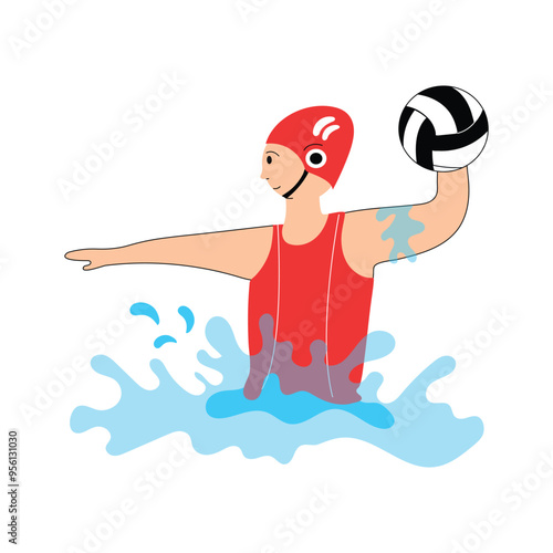 water polo match with a player, water polo match illustration