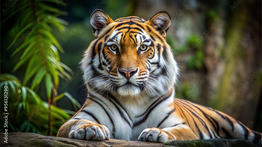 Fototapeta premium Regal Amur tiger on the background of nature.Banner on the theme of protection and conservation of rare animals.Wild beautiful animal and free space