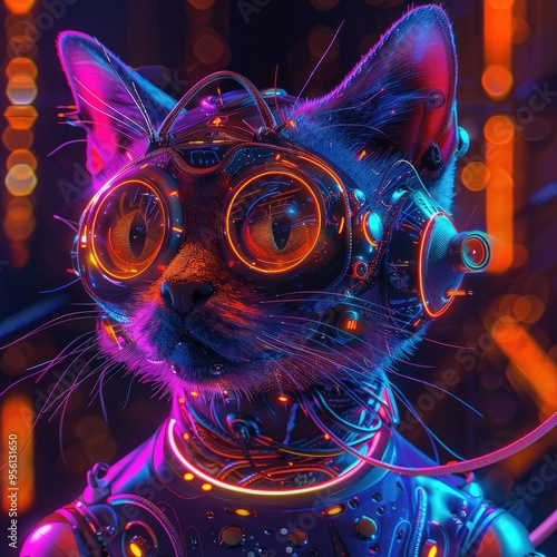 Cyberpunk Cat in Glowing Lights