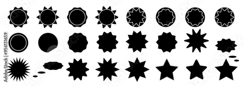 Black silhouette badges and stars of various shapes on a white background. Set of advertising badges, price stickers, promo tags, vintage discounts or special offers.