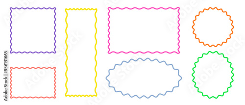 Colorful wavy frames of different shapes and sizes on white background. Wave scallop squiggle cute simple rectangle border set.