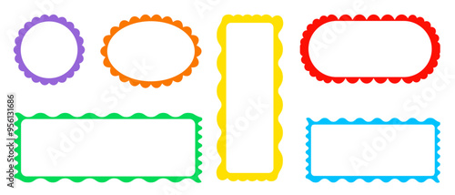 Bright colorful scalloped frames of different shapes and sizes on white background. Wave scallop squiggle cute simple rectangle border set.