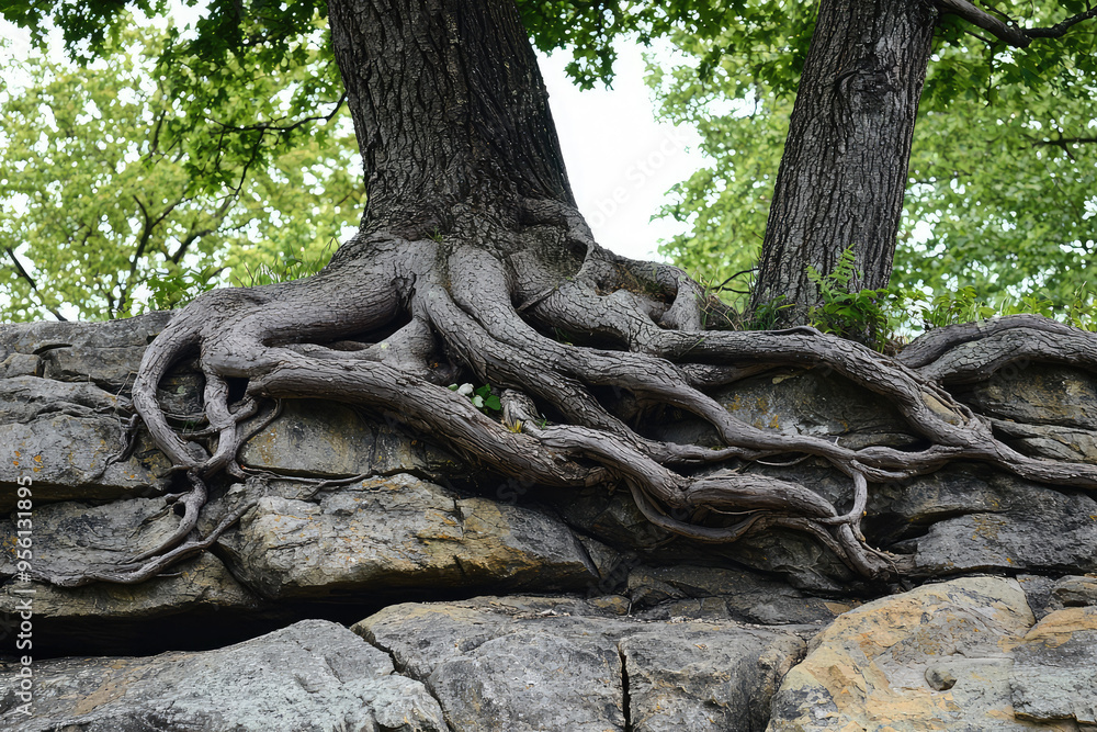 Nature's Grip: A majestic tree's roots intertwine with rugged rock, showcasing a powerful struggle for survival. Nature's Grip: A majestic tree's roots intertwine with rugged rock, showcasing a powerful struggle for survival.