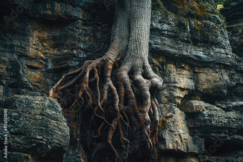 Nature's Grip: A tree's tenacious roots clinging to a rugged cliffside, showcasing the raw power of life's perseverance.