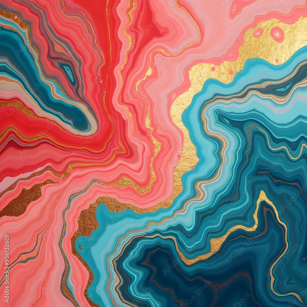 A Marbled Background of Coral, Turquoise, and Gold Swirling in Continuous Motion A Marbled Background of Coral, Turquoise, and Gold Swirling in Continuous Motion