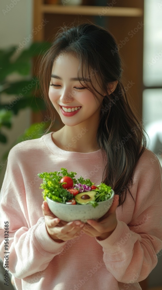 Happy Young woman eating Salted salmon salad with fresh green lettuce,smoked salmon,tomato,Ketogenic,diet lunch bowl,enjoy eat clean vegetables after exercise,Healthy food concept,sport girl. Happy Young woman eating Salted salmon salad with fresh green lettuce,smoked salmon,tomato,Ketogenic,diet lunch bowl,enjoy eat clean vegetables after exercise,Healthy food concept,sport girl.