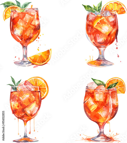 Spritz Cocktail Collection Watercolor Design Vector Illustration.