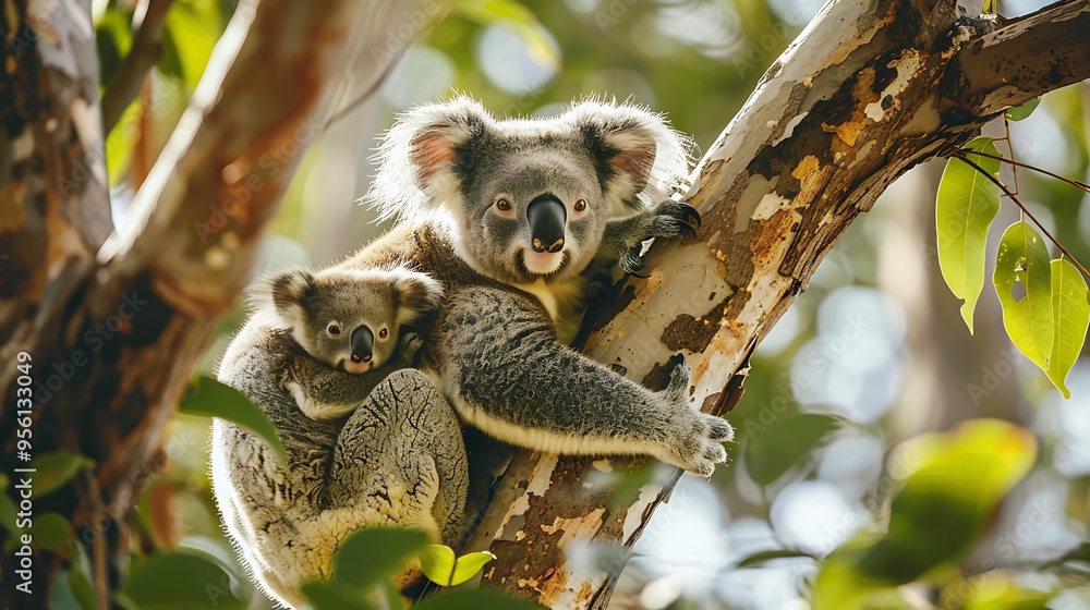 Fototapeta premium Maternal koala resting her young on her back atop a tree