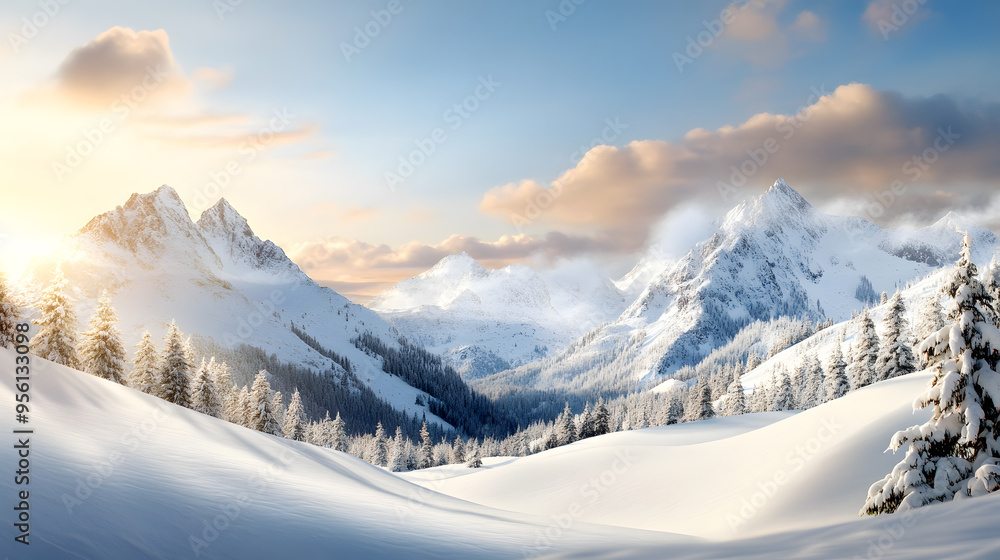 Fototapeta premium Snow-covered mountains under a rainbow sky Christmas
