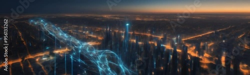 Futuristic Cityscape Illuminated at Twilight Featuring Energizing Pathways and Structures