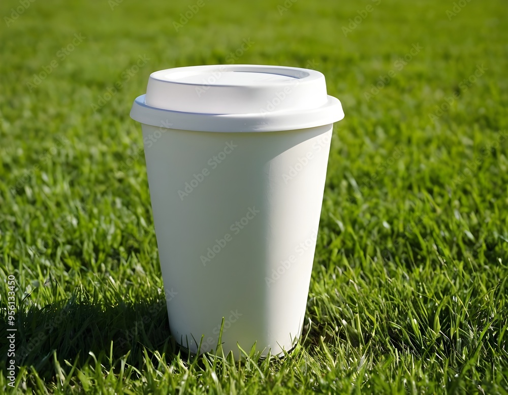 Mockup white cup on green grass Mockup white cup on green grass