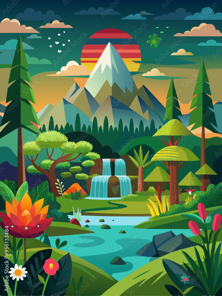 Fototapeta premium Serene Mountain Landscape with Waterfall and River