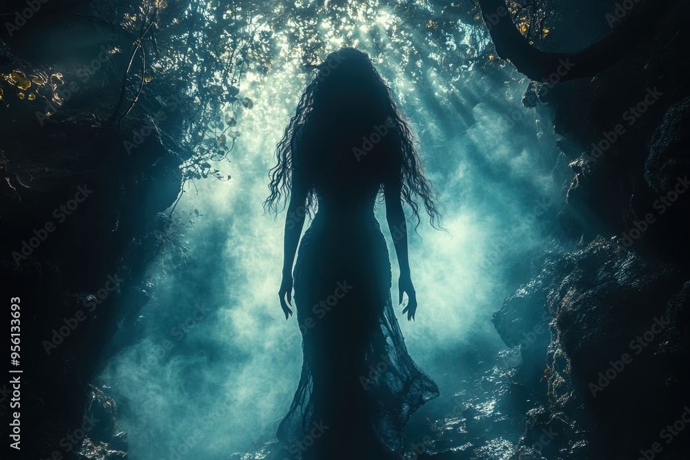 A mysterious dark mermaid stands in a misty cave, her silhouette illuminated by ethereal light filtering through the foliage. A mysterious dark mermaid stands in a misty cave, her silhouette illuminated by ethereal light filtering through the foliage.