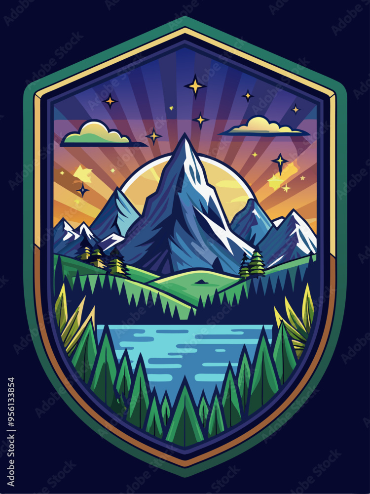 Mountain Range Sunset with Lake and Forest in a Shield Design Mountain Range Sunset with Lake and Forest in a Shield Design