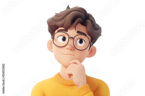 3D illustration of a young cartoon character with glasses, wearing a yellow sweater, pondering thoughtfully. The image conveys curiosity, contemplation, and creative thinking.