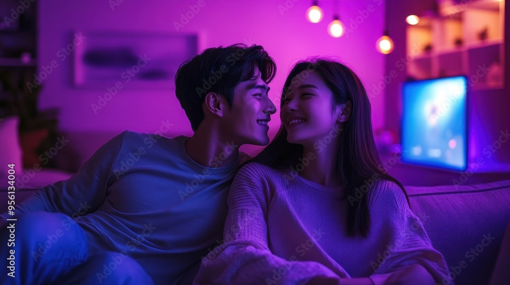 Naklejka premium Happy Young couple in love playing video games while sitting on the sofa in the bedroom in night time,romantic and having fun and enjoying each other on their Long weekends,copy space.