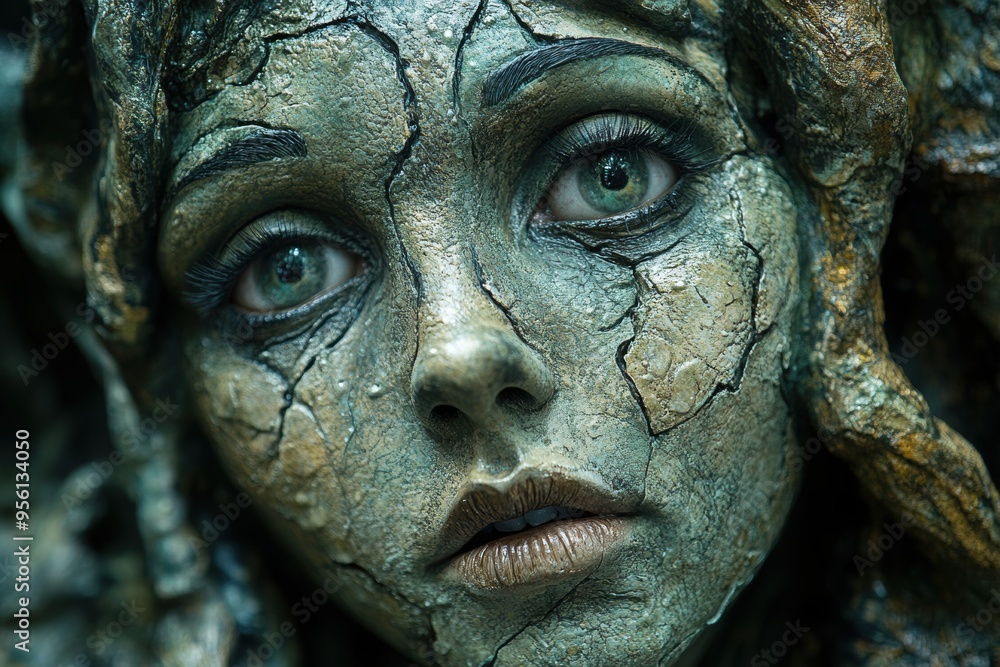 A close-up shot of a haunting face with cracked, stone-like skin and piercing eyes, capturing an eerie, lifelike sculpture. A close-up shot of a haunting face with cracked, stone-like skin and piercing eyes, capturing an eerie, lifelike sculpture.