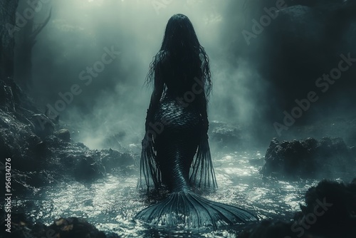 A shadowy mermaid emerges from misty, dark waters in an eerie, mysterious atmosphere, creating a haunting fantasy scene.
