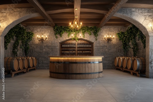 A lavish wine cellar featuring wooden barrels, ornate decor, and stone walls