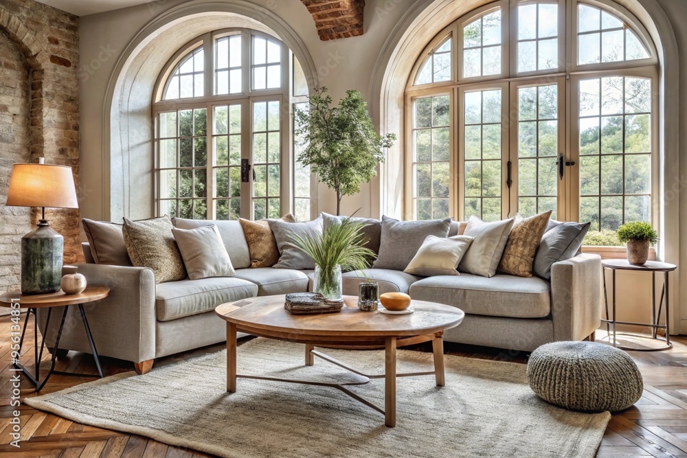 Rustic accent round coffee table near fabric sofa with many pillows against arched window. Scandinavian farmhouse style home interior design of modern living room Rustic accent round coffee table near fabric sofa with many pillows against arched window. Scandinavian farmhouse style home interior design of modern living room