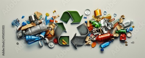 Recycling symbol made of crushed cans on colorful background photo